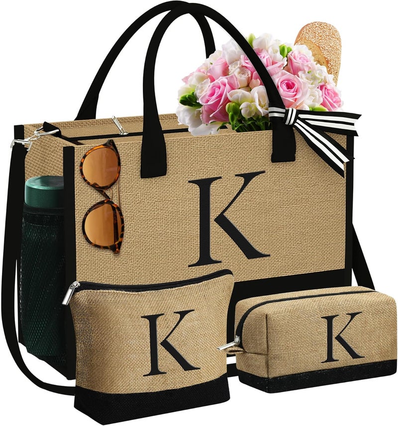 YOOLIFE Gifts for Women - Initial Jute Tote Bag & 2 Makeup Bag, Valentine Day Gifts for Her Women Teacher Wife Mom Friend - Image 1